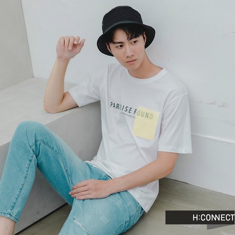 H:CONNECT韓國品牌男裝-幾何圖案棉質T-Shirt-白